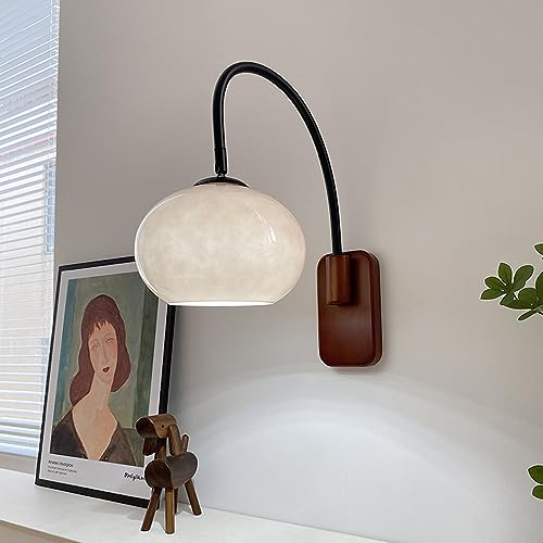 Modern Decoration Wall Sconce Mid Century with White Milk Glass Vintage Industrial Wood Wall Light Hardwired Smoke Grey Amber Farmhouse Reading Wall Lamp for Bedroom Living Room Bedside