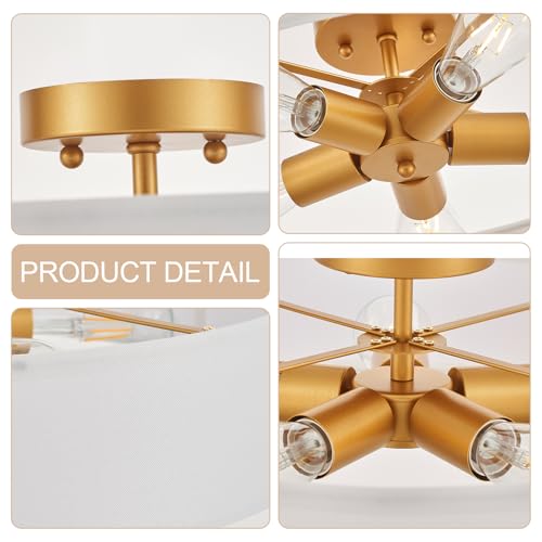 Gold Semi Flush Mount Ceiling Light Fixture with 24" Large White Fabric Drum Shade 5 (5 Count)
