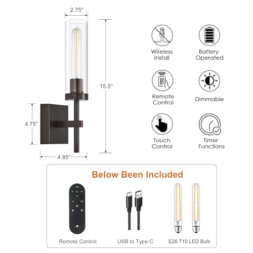 Oil Rubbed Bronze Battery Operated Wall Sconces with Remote Control (2 Count)