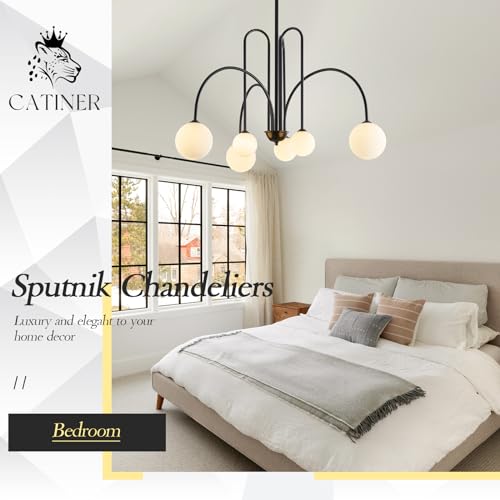 Modern 40" 6 Light Black Sputnik Chandelier with Milk Glass Globe