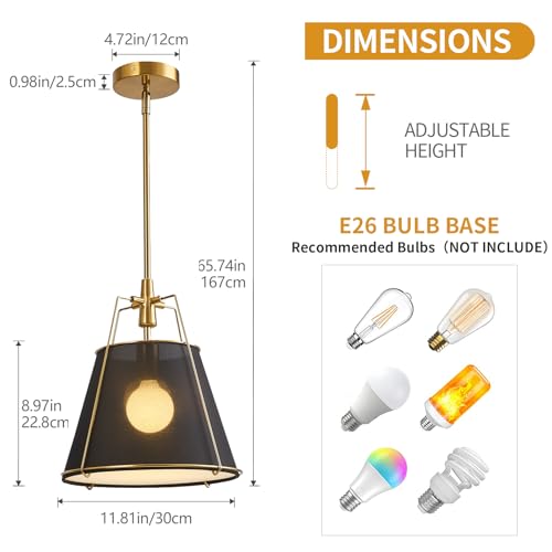 Modern Pendant Light Fixtures with 13" Black Linen Fabric Shade