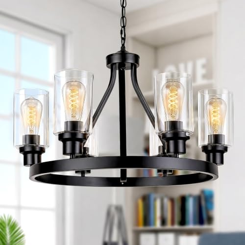 6 Light Farmhouse Chandelier Light Fixture Dining Room Lighting Fixtures Hanging Wagon Wheel Chandelier Kitchen Island Pendant Lights Modern Black Industrial Rustic Adjustable Height Metal