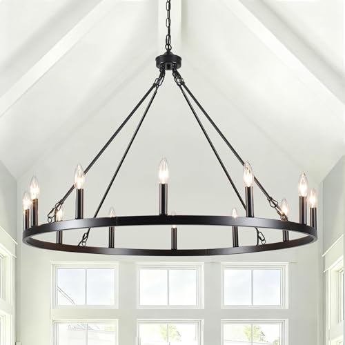 Wagon Wheel Chandelier 12 Light 38" Farmhouse Chandelier for Dining Room