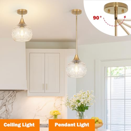 DSMJFU Gold Vintage Glass Pendant Lights for Kitchen Island (2 Count)