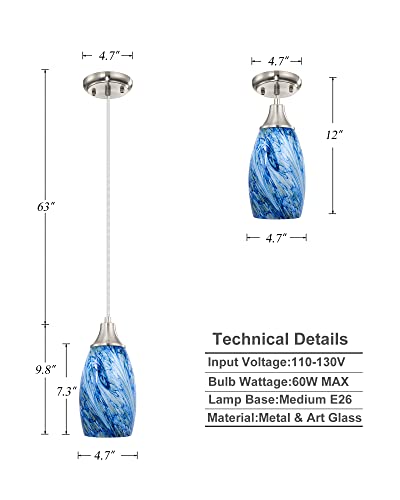 Mini Pendant Lights Kitchen Island White Blue Glass Lamp Shade Hand Blown Glass Pendant Light with Brush Nickel Finish Adjustable Cord for Kitchen Over Sink Hallway