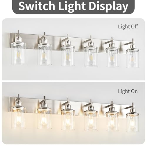 6 Light Brushed Nickel Bathroom Light Fixture Over Mirror Modern Bathroom Vanity Light Vintage Wall Lighting with Clear Glass Shade for Bathroom (6 Count)