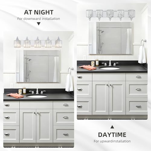 5 Light Modern Bathroom Light Fixture Chrome Bathroom Vanity Lights Over Mirror Wall Sconce Lighting with K9 Crystal Shades E26 Base for Bedroom