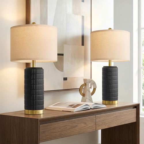 25'' Black Ceramic Table Lamps Set of 2 with Gold Base for Bedroom Living Room (2 Count)