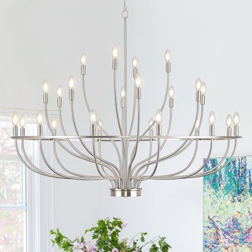 24 Light Brushed Nickel Chandelier 51'' Large Candle Chandeliers for High Ceiling Foyer Modern Classic Chandelier Light Fixture for Large Living Room Dining Room Stairs Entry Restaurant Hotel