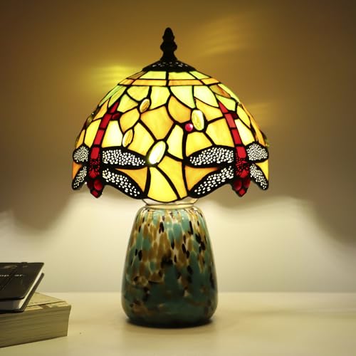 Tiffany Mushroom Table Lamp Dragonfly Style Yellow Stained Glass Accent Lamp Brown Blue Glass Base 8X8X12 Inch