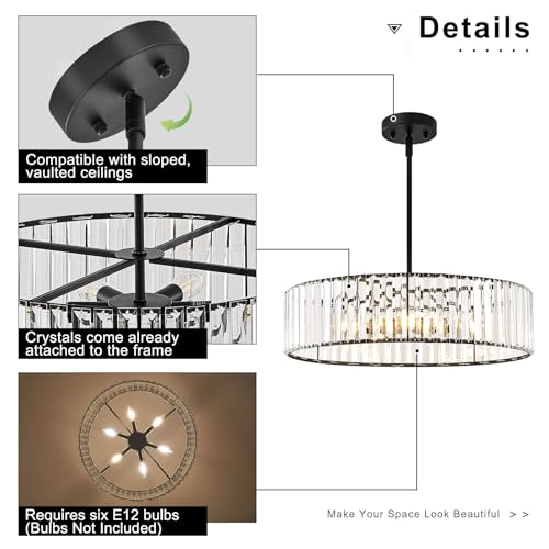 Crystal Blcak Semi Flush Ceiling Light 19.68 Inch