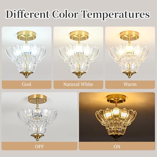 Vintage Gold Semi Flush Mount Light with Floral Class Shade (Gold)
