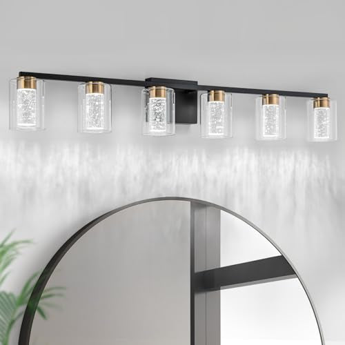 6 Light Black and Gold Vanity Light with 3 Color Modes