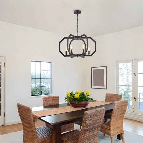 Lanhall 6 Light Farmhouse Chandelier Black Dining Room Light Fixture Modern Rustic Geometric Hanging Pendant Light for Living Room, kitchen Island, Foyer, Entryway, Hallway, Stairway Adjustable Height