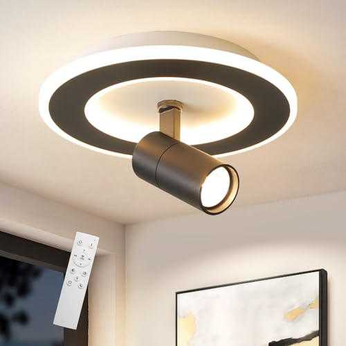 Modern LED Ceiling Lights with 1 Spotlight 9.8Inch Black Ceiling Light with Remote Control Dimmable 3000k