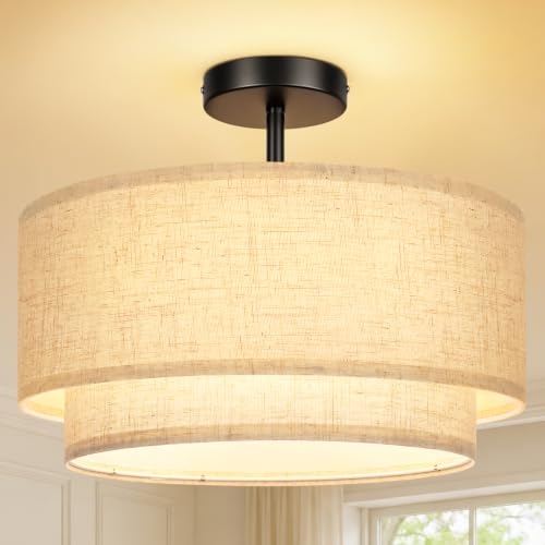 16" Semi Flush Mount Ceiling Light Double Drum Black 3 (Black)