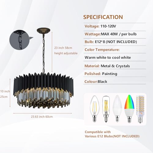 8 Light Large Crystal Chandeliers 24" Dining Room Light Fixture 5 Tiers Flush Mount Smoke Gray and Black Crystal Chandelier Round Pendant Light for Kitchen Living Room Entryway Foyer