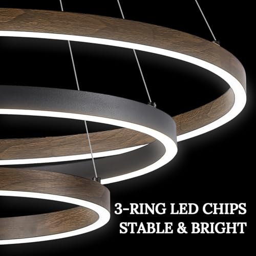 LED 3 Ring Chandelier Dining Room Modern Black Walnut Chandeliers Dimmable