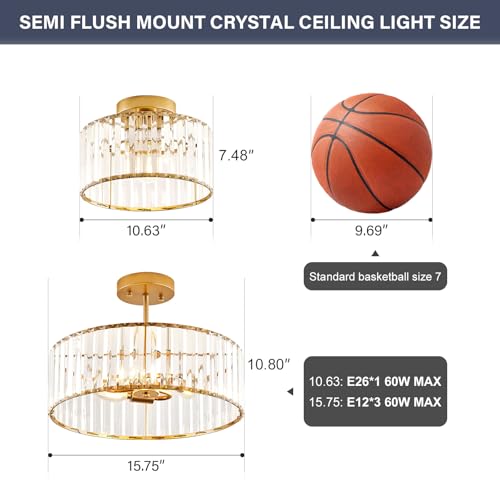 Crystal Gold Semi Flush Ceiling Light 10.63 Inch