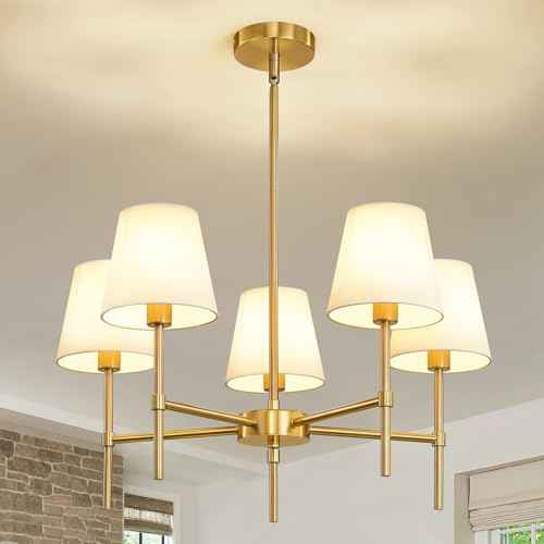 RUIYEY Dining Room Chandeliers Light - 5-Light Gold Modern Chandeliers Light Fixtures with White Fabric Shade, Height Adjustable Pendant Island Light for Entryway Farmhouse