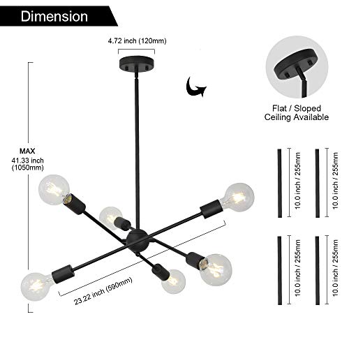 Sputnik Chandelier Lighting 6 Lights Black Chandelier Mid Century Pendant Light Vintage Industrial Kitchen Dining Room Ceiling Lighting Fixture for Bedroom Hallway Foyer Island Farmhouse