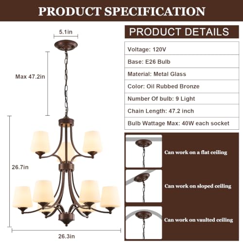 2 Tier Oil Rubbed Bronze Chandeliers 9 Light Large Modern Farmhouse Chandeliers for Dining Room Lights Fixture with Frosted Glass 47" Retro Chandeliers for Living Room Staircase