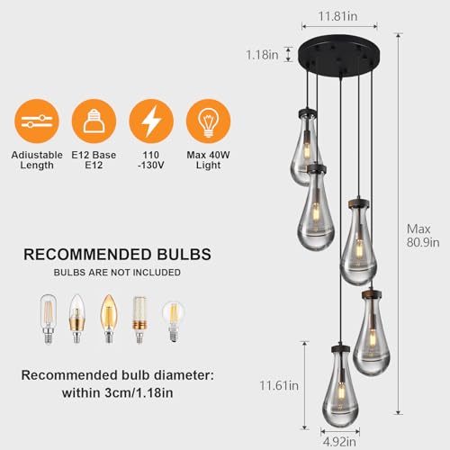 Raindrop Pendant Lights Kitchen Island Teardrop Black Hanging Light Fixtures Clear Solid Glass Pendant Light Modern Chandeliers for Dining Room Porch Corridor Living Room (5 Count)