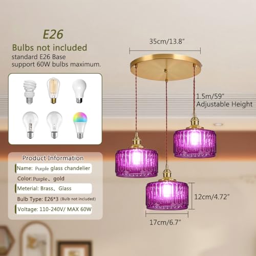3 Light Glass Globe Chandelier Kitchen Island Mid Century Modern Ceiling Pendant Light Purple Striped Shade Gold Hanging Lights Fixture Multi Light Cluster Chandeliers Dining Room