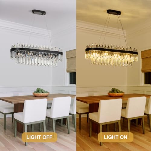 35.4" Black Rectangular Crystal Chandelier Dining Room Kitchen