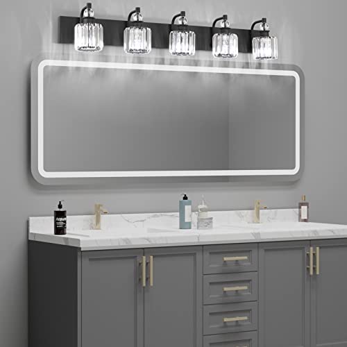Crystal Black Vanity Light Fixtures 5 Light Crystal Bathroom Light Fixtures Over Long Mirror Modern Matte Black Bath Wall Lights