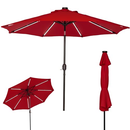 9 FT Patio Umbrella with Solar Lights 8 LED Strip Lights Red