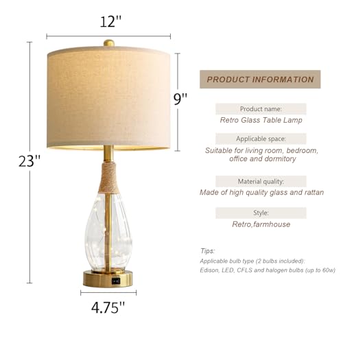 23" Table Lamps for Living Room Set of 2 Bedside Lamps for Night Stands Bedroom Lamps Farmhouse Rattan Boho Lamp Glass Nightlight End Table Lamp with USB C+A (2 Count)