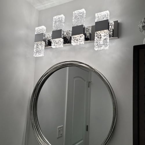 Modern LED Bathroom Vanity Light Fixtures Chrome Stainless Steel 4 Light Wall Sconces Over Mirror 28 Inch 40w Crystal Cool White 5800K Dimmable