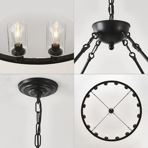 Black Wagon Wheel Chandelier 40 Inch Modern Farmhouse Glass Pendant Light 16 (16 Count)