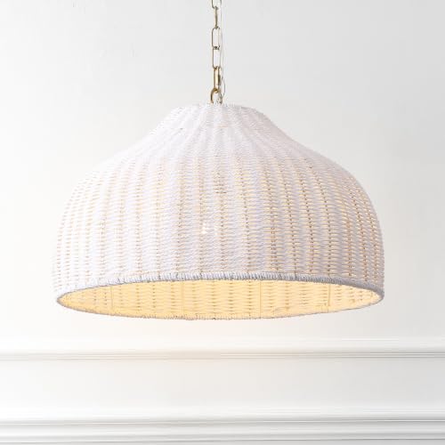 Eliza 20" Bohemian White & Brass Gold Woven Rattan Dome Pendant
