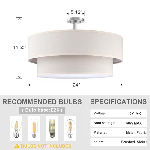 5 Light 24" Cream Fabric Brushed Nickel Semi Flush Mount Close to Ceiling Light Fixture