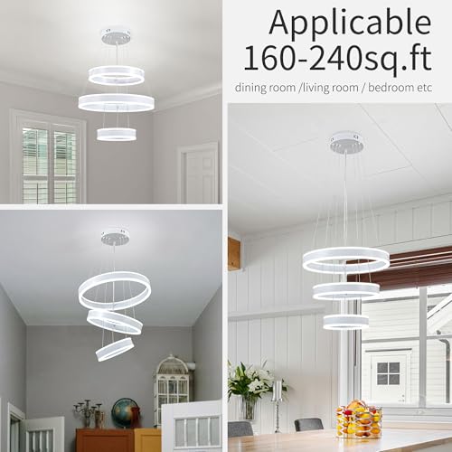 Modern LED Chandeliers Adjustable Hanging White Pendant Light Fixture 3 Ring Flush Mount Chandeliers for Bedroom