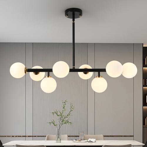 Sputnik Black and Gold Chandelier Pendant Linear Light Modern Mid Century Light Fixture White Globe Shade for Dining Living Room Kitchen Island 8