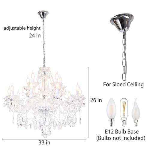 Clear K9 Crystal Chandelier 15 Light Pendant Lighting Fixture for Dining Room Living Room Bedroom Hallway Entryway Elegant Ceiling Lamp E12 Clear