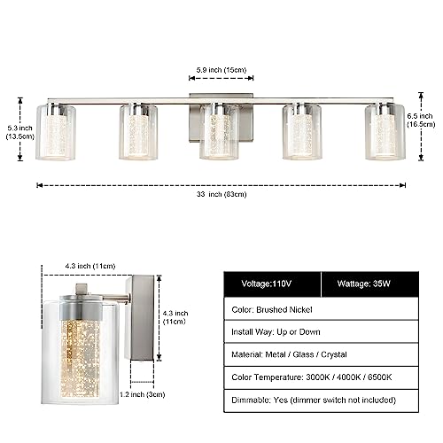 5 Light Brushed Nickel Vanity Light with 3 Color Modes