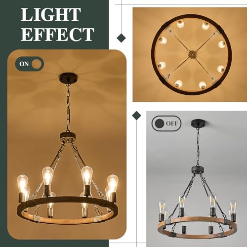 Farmhouse Wagon Wheel Chandelier 23.6" Oak Wood Chandelier Light Fixture 8
