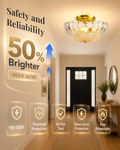 Semi Flush Mount Ceiling Light Fixture 11.8" Vinatge Gold Ceiling Lights Mid Century Modern Clear Glass Close to Ceiling Lighting Fixtures for Bedroom Hallway Foyer Bathroom Kitchen Entryway (3 Count)