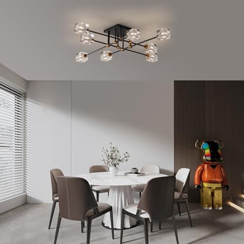 8 Light Crystal Ceiling Light Fixture Semi Flush Mount Ceiling Light Fixture Modern Black and Gold Sputnik Chandeliers for Dining Room Living Room Kitchen Island Hallway Bedroom