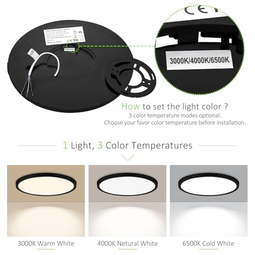 LED Flush Mount Ceiling Light 12in Thin 3CCT Black Wired