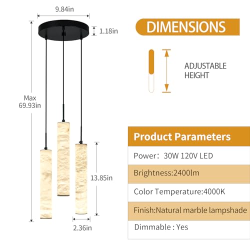 Natural Alabaster Pendant Lights for Kitchen Island White Marble Long Tube Chandelier 4000K Modern Black Ceiling Light Fixtures for Bedroom Dining Room Table Living Room Hallway
