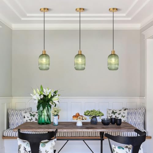 2 Pack Pendant Lights with Vintage Green Ribbed Glass Lampshade (2 Count)