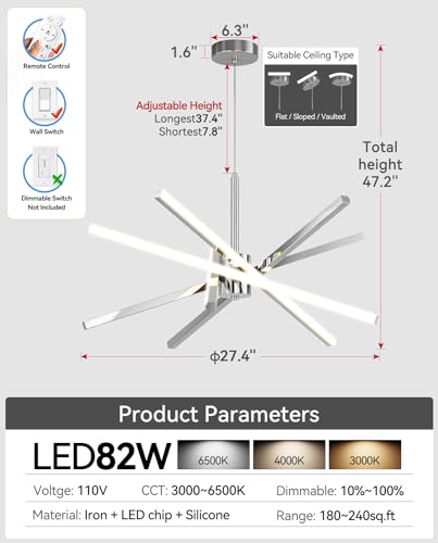 Modern Sputnik Chandelier Ceiling 82W LED Chrome Pendant Light Embedded Mount Chandeliers Dining Room Light Fixtures Over Table Dimmable with Remote Control for Living Room Kitchen Bedroom (5 Count)
