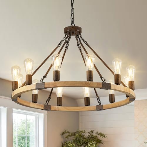 Farmhouse Wagon Wheel Chandelier 31" Wooden Rustic Light Fixtures 12