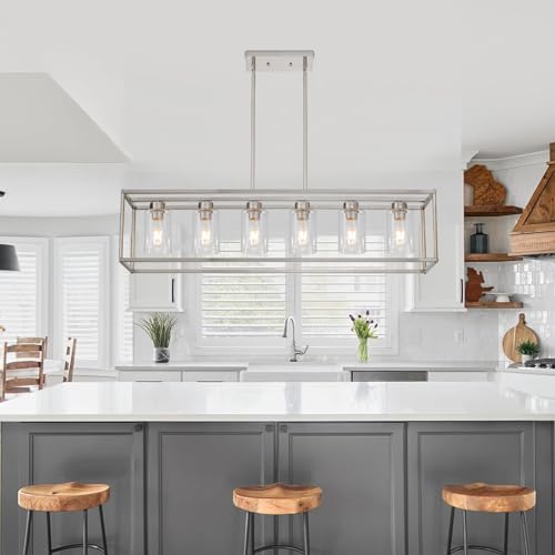 6 Light Brushed Nickel Dining Room Light Fixture Modern Farmhouse Chandelier Linear Hanging Pendant Lighting Rectangle for Kitchen Living Room Adjustable Height with Glass Shade (6 Count)