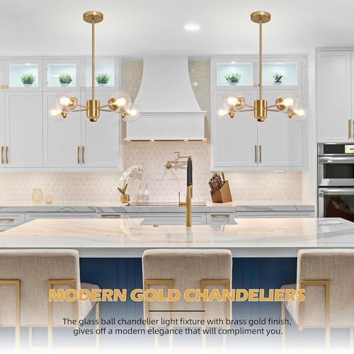 5 Light Globe Sputnik Chandelier Gold Mid Century Sputnik Chandeliers Dimmable Globe Pendant Light Brushed Brass Finished with Clear Glass Lampshade Chandeliers for Dining Room Bedroom